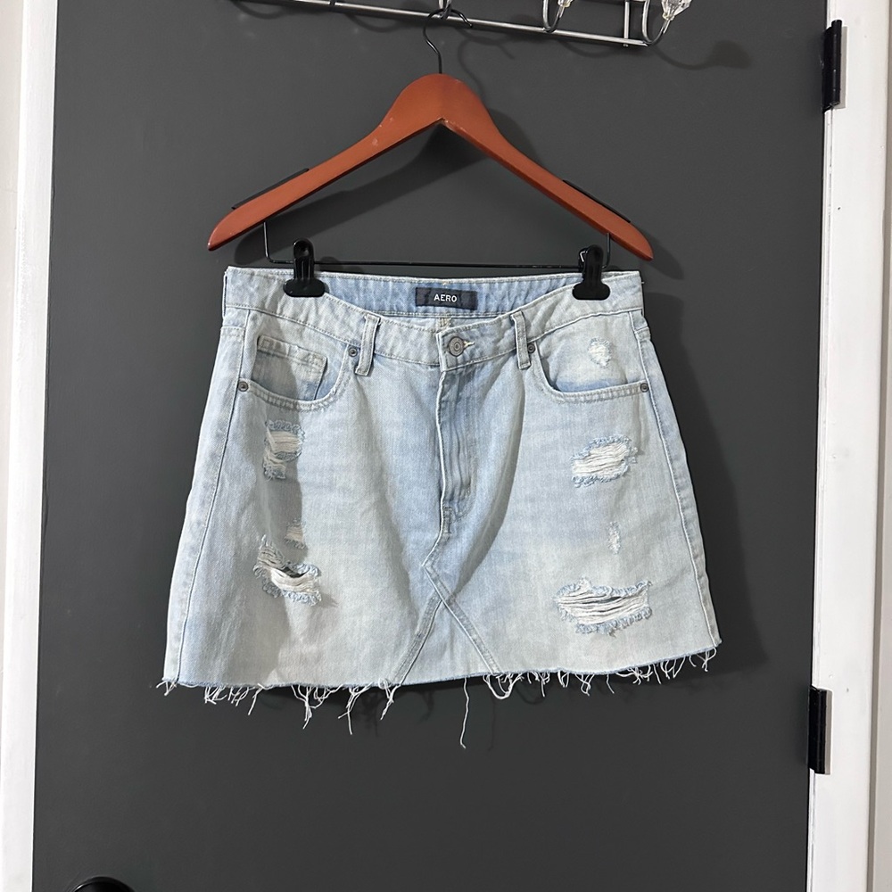 AEO Light Blue Distressed Denim Skirt